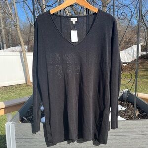 J.Crew Womens Linen Blend V-Neck Tunic Length Long Sleeve Black Sweater Sz L NEW